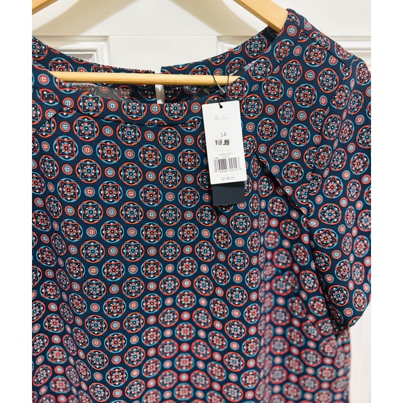 Banana Republic Womens ALine Dress Geometric Print Short Sleeve Size 14 Navy Red - Picture 3 of 4